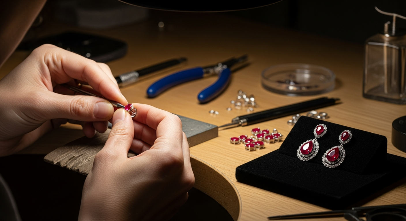 Artisan joaillier sertissant rubis authentiques